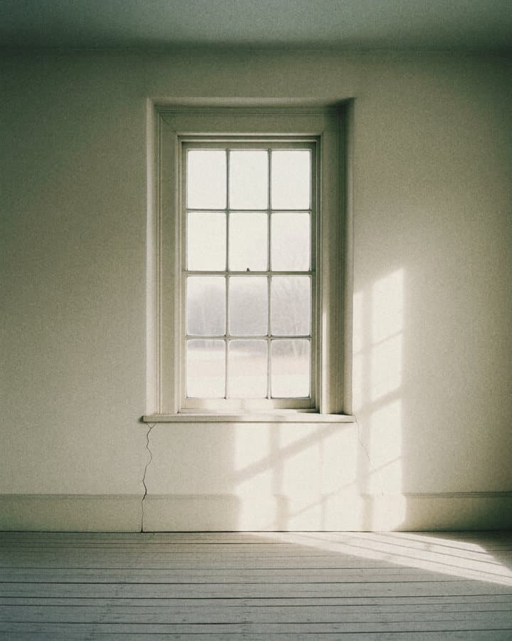 Morning light from a tall sash window falling across bare floorboards